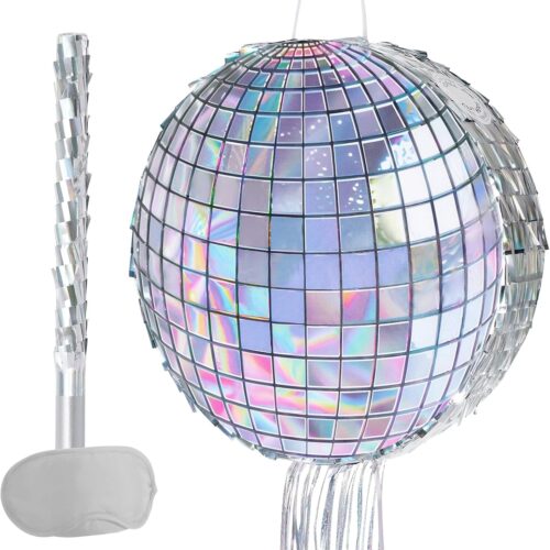 Disco Ball Piñata - Disco Party Decoration for Adult Birthday Party Supplies Hanging Disco Piñata with Bat Blindfold Mirror Roller Skating Pull String, 12.2” x 12.2”