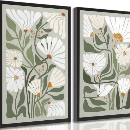 2 Pcs Boho Wildflowers Canvas Wall Art Green Bohemia Abstract Floral Botanical Painting Picture Wall Decor Poster Print Artwork for Living Room Bedroom Bathroom Home Decoration Unframed