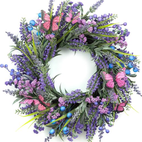 Lavender Wreaths for Front Door 18 Inch Spring Summer Wreath with Lavender,Berries, Butterflies,for Year-Round Use Indoors and Outdoors as Wall, Door, Window, Party and Wedding Decorations