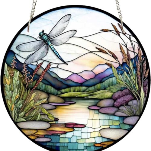 11.8'' Dragonfly Acrylic Window Hangings, Valley Stained Decor Nature Scenery Stained Art Wall Decoration Gift for Home Office Housewarming
