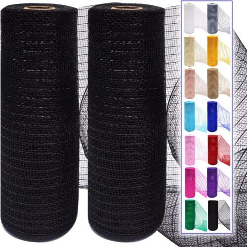 2 Pcs Black Deco Mesh Ribbon Rolls 10 Inch 10 Yards(30 ft) Decorative Mesh Fabric with Foil for Wreaths Christmas Tree Ribbon Door DIY Craft Halloween Decor Wedding Party Supplies (Black, 2Pcs)