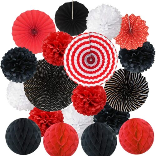 Hanging Paper Fan Set, Tissue Paper Pom Poms Flower Fan and Honeycomb Balls for Birthday Baby Shower Wedding Festival Decorations - Red Black and White