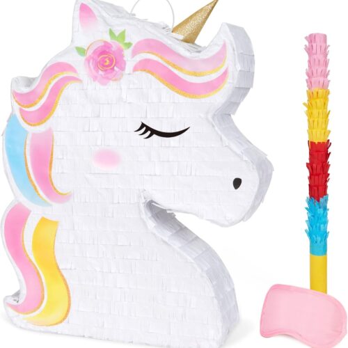 Unicorn Piñata - Unicorn Party Supplies Piñata Bundle with Blindfold and Bat for Girls Kids Rainbow Unicorn Theme Birthday Party Game Decorations (15.7" x 12.2" x 3.1")