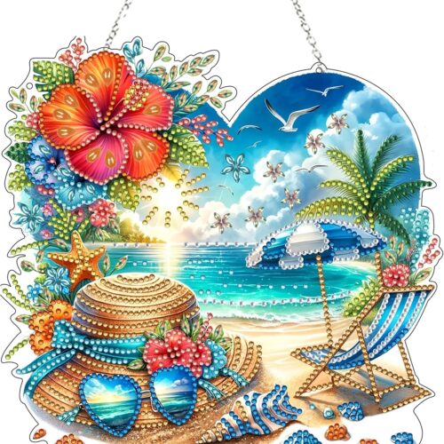Summer Diamond Art Painting Hanging Kits, Special Crystal Beach Craft DIY Ornaments Double Sided Acrylic DIY Wreath Pendant for Adults Decor