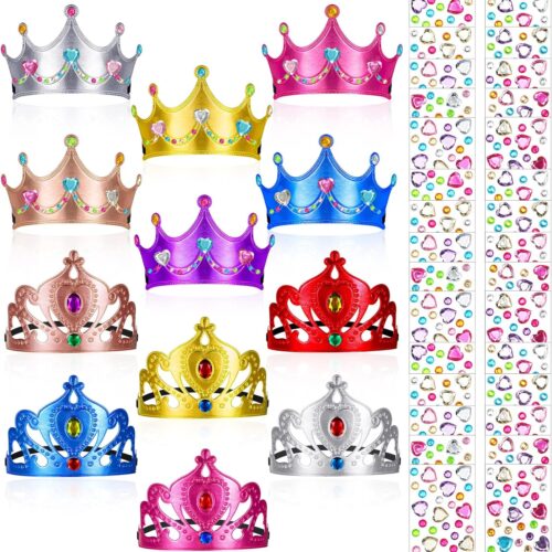 22 Pcs DIY Crowns Set Include 12 Pcs Foam Princess Crowns and 10 Pcs Crystal Diamond Sticker for Kids(Multicolor)