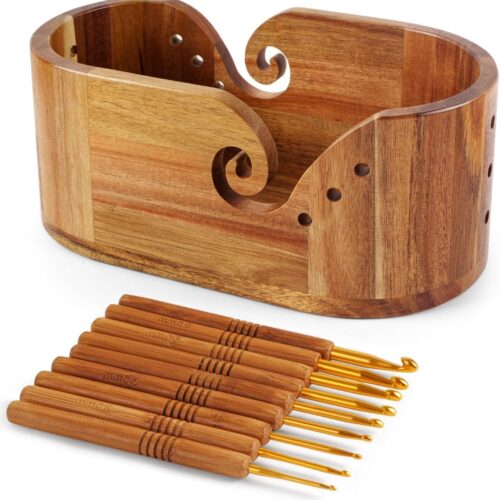Oval Yarn Bowl, Crochet Yarn Holder with 9pcs Knitting Hooks, Yarn Storage Crochet Bowl Knitting for Crocheters, Large Yarn Bowl Acacia Wooden 11.3x5.9x4.7inch (Acacia Yarn Bowl)