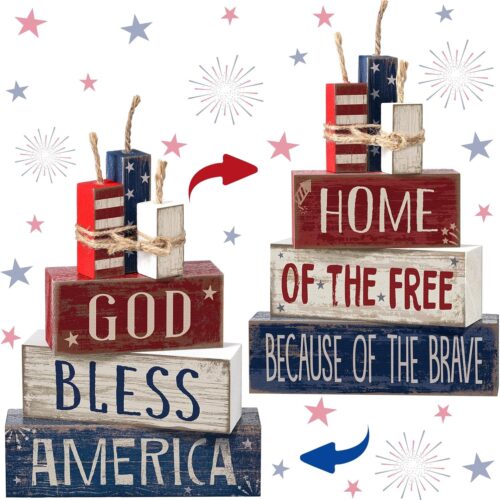 4 Pcs 4th of July Table Decorations Reversible Memorial Day Table Centerpiece Red White and Blue Patriotic Fireworks Block Sign with String for Independence Day Tiered Tray Decor(Firework)