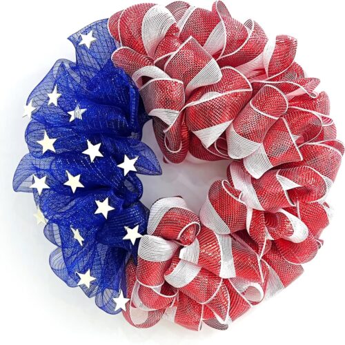 26 Inch Mesh Patriotic Front Door Wreath, 4th July Independence Day Wreath for Summer America Patriotic Flag Burlap Farmhouse Decor, Memorial Day Americana Front Window Hanging Decor
