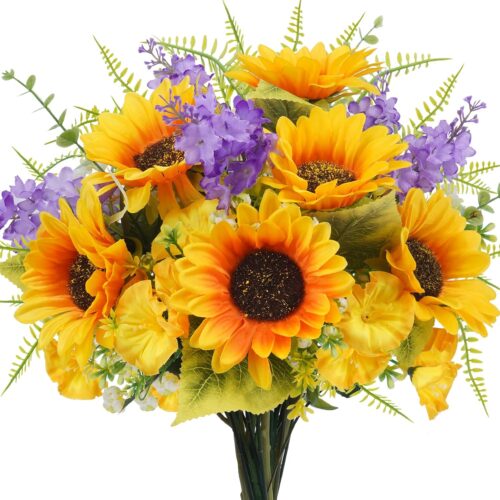 Artificial Flowers Sunflower 14.96" Silk Spring Flowers Yellow Faux Wildflower Sunflowers Floral Arrangements Bouquet for Grave Cemetery Home Kitchen Table Mothers Day Decor