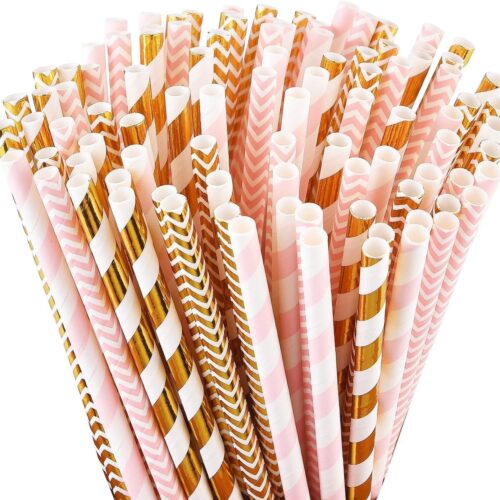 Biodegradable Paper Straws, 100 Pink and Gold Straws for Party Supplies, Birthday, Wedding, Bridal/Baby Shower, Christmas Decorations and Holiday Celebrations