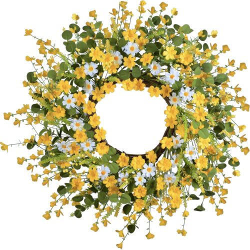 24Inch Artificial Daisy Flower Spring Wreath with Eucalyptus Green Leaves Spring Summer Wreath for Front Door Wall Home Party Decorations