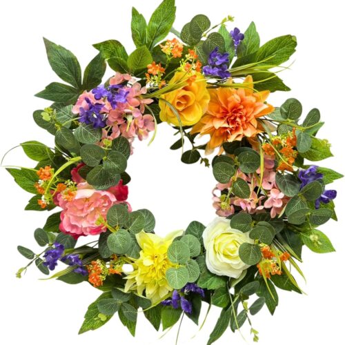 22 Inch Lighted Spring Summer Wreath for Front Door,Dahlia Pinnata, Roses, Eucalyptus Leaves, Peony, Mixed Flowers,Artificial Wreath for Front Door Spring Outdoor Home Decor Easter Decor