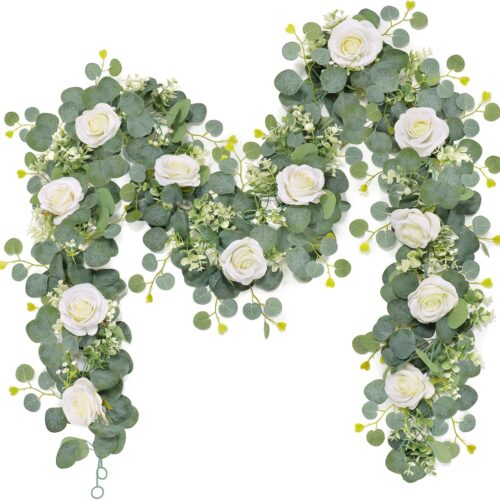 2Pcs(13 Ft) Artificial Eucalyptus Flower Garland with White Rose Flowers,Faux Rose Vine Gypsophila Greenery for Home Party Wedding Table Decor (White, 2PCS)