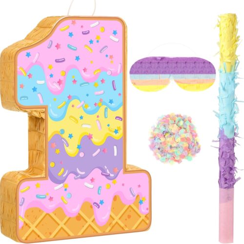 Summer Birthday Piñata Ice Cream Game Set Summer Number Piñata with Bat Stick Blindfold Mask Confetti for Sundae Theme Birthday Baby Shower Party Game Supplies Decor(Number 1)
