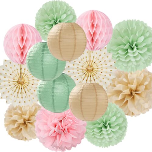 Sage-Green Pink-Champagne Party-Decorations Streamers Lanterns - 14pcs Neutral Baby Shower Paper Fan,Tissue Pom Poms,Honeycomb Balls,Boho Wedding Engagement Bachelorette Birthday Bridal Decor Ouruola