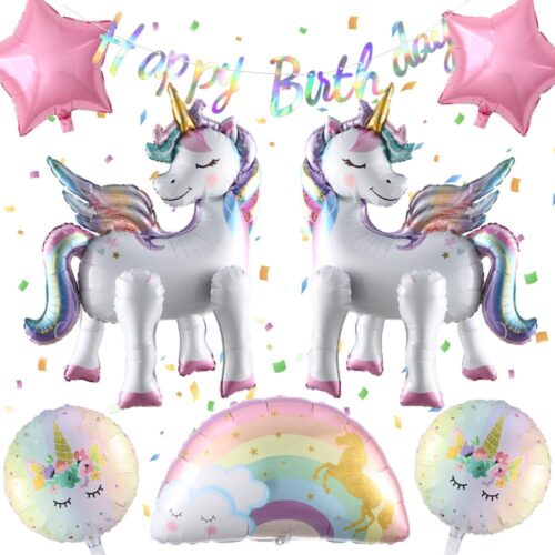 8Pcs Self-Standing Unicorn Balloons Rainbow and Star Foil Balloons with Happy Birthday Banner for Baby Shower Unicorn Birthday Party Decorations (standing set)