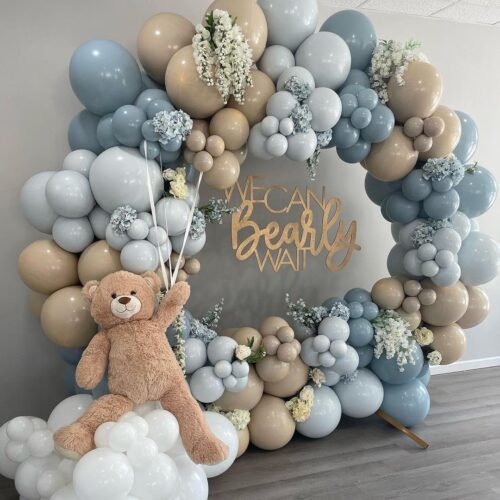 Blue Balloon Arch Kit, 132Pcs Dusty Light Baby Blue Balloons Garland with Brown Double Stuffed Balloons for Baby Shower Gender Reveal Boy Birthday Bear Theme Party Decorations Supplies