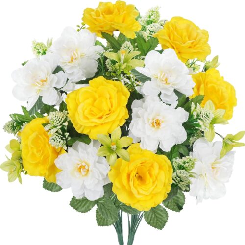 Cemetery Flowers for Grave 2 Bundles Yellow Roses Lily Bouquets 18.5" Memorial Day Flowers Fake Silk Flower Arrangements for Vase Outdoors Summer Home Wedding Table Centerpieces Decor
