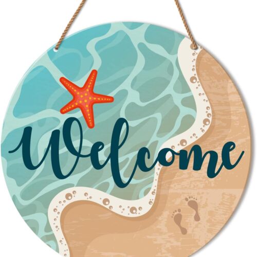 Beach Welcome Sign for Front Door, Summer Beach Welcome Sign Decor for Home Door Coastal House Front Porch Sea Wall Decorations Wooden Hanging Sign