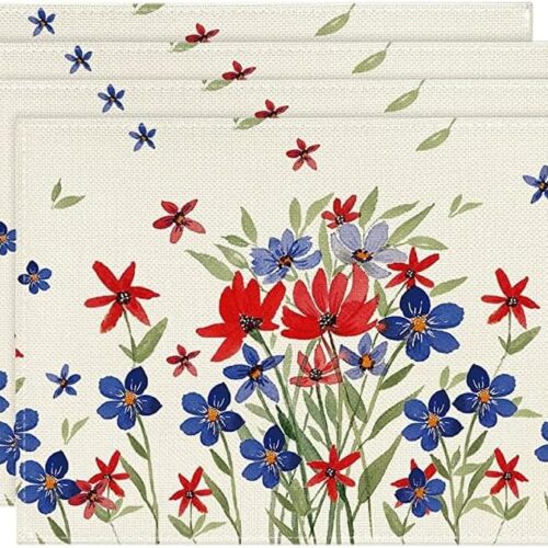 Poppy Flowers Leaves 4th of July Placemats Set of 4, 12x18 Inch Memorial Day Patriotic Featival Holiday Table Mats for Party Kitchen Dining Decoration