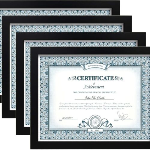 8.5x11 Picture Frames Set of 4, Made of Solid Wood Covered by Plexiglass for Document,Diploma, Certificates and Degree, for Table Top Display and Wall Mounting Photo Frame Black