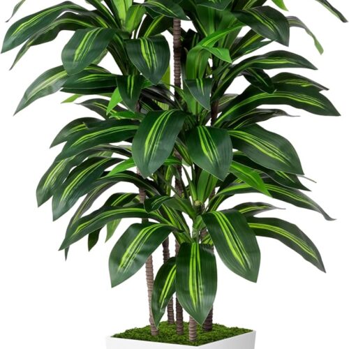 Artificial Dracaena Plant Indoor 5FT - Fake Tree with White Tall Planter - Faux Yucca Tall Fake Floor Plant in Pot - Artificial Trees for Home Office Living Room Decor Indoor