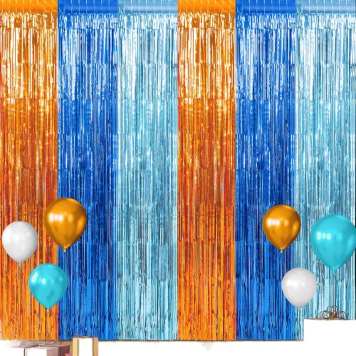 3 Pack 3.3X6.6Ft Blue Dog Foil Fringe Curtains Backdrop Decorations, Orange and Light Blue Birthday Party Tinsel Metallic Streamers Photo Booth Background for Dog Theme Party Supplies