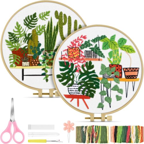 Embroidery Kit for Adult, Owl Embroidery Kit for Beginners Include Embroidery Cloth Hoops Threads for Craft Lover Hand Stitch with Embroidery Skill Techniques (Cactus)