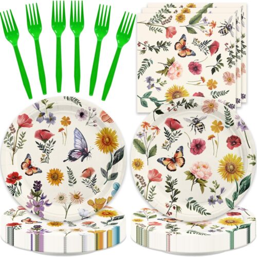 48pcs Wild Floral Party Supplies,include 16 Dessert plate,16 Napkin and 16 Fork,Baby in bloom Party Plate Napkin Fork Birthday Set,Used for Wildflower Party Decoration