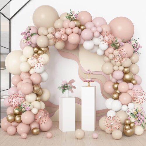173Pcs Boho Dusty Pink Balloon Arch Garland Kit, Neutral Baby Pink Ivory White Sand Nude Rose Gold Confetti Balloons for Girl Baby Shower Gender Reveal Wedding Birthday Party Decorations