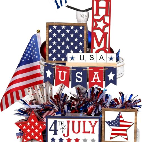 13 Pcs 4th of July Tiered Tray Decor Patriotic Independence Day Decoration Rustic Americana USA Flag Farmhouse Wooden Star Red White Blue Sign Memorial Day Decor for Table Home Party