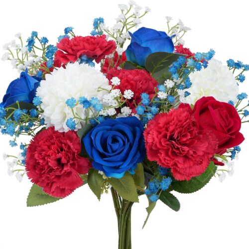 Artificial Flowers, 11PCS Mixed Bush Memorial Day Flower Red White and Blue Flowers Patriotic Memorial Bouquet 4th of July Flowers for Home Decor, Cemetery, Grave
