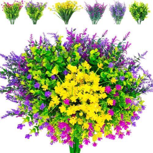 Artificial Flowers for Outdoors 24 Bundles Fake Plastic Plants Faux UV Resistant Boxwood Shrubs for Garden Patio Porch Window Box Home