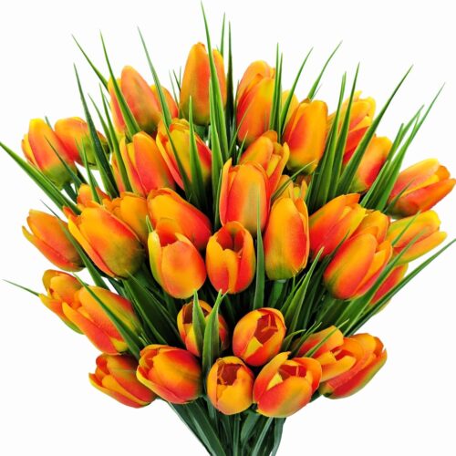 Artificial Tulips Fake Flowers Outdoor UV Resistant 4 Bundles 40 Heads Silk Tulip Faux Plastic Greenery Plants Flower for Home Outside Garden Porch Window Planters Decor (Orange)
