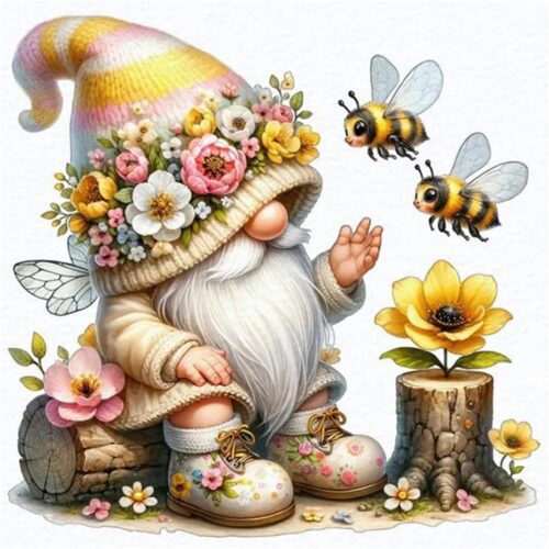 Gnome Diamond Painting Kits for Adults,Gnome Bee Diamond Art Kits for Beginners, 5D DIY Full Drill Round Gem Art, Paint with Diamond Beads Craft Christmas Home Wall Decor 12x12 inch