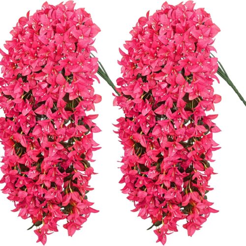 2Pcs UV Resistant Artificial Flowers for Outdoors, Realistic Faux Silk Bougainvillea Flowers, Fake Hanging Plants for Porch Patio Balcony Decoration (Rose Red)