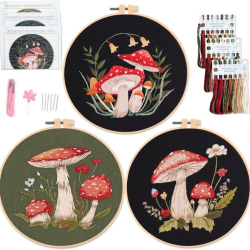 3 Sets Mushroom Embroidery kit, Adult Beginner DIY Needle kit,Art Craft Handy Sewing Set