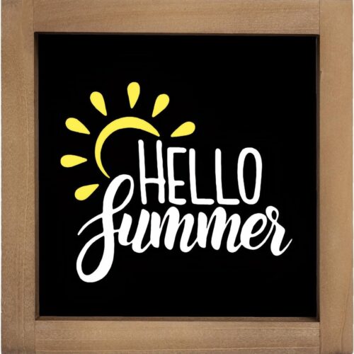 Hello Summer Sign, 6×6 Inch Black Wood Framed Hello Summer Decor with Sun, Modern Decoration for Home Farmhouse Kitchen Table Shelf Tiered Tray Indoor