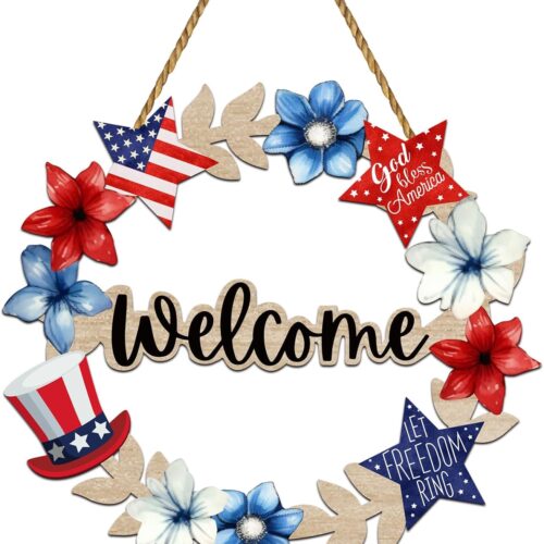 4th of July Decorations 4th of July Wreaths for Front Door Patriotic Wreath Fourth of July Door Decorations Memorial Day Wooden Welcome Sign Hanging Decor for Porch Wall Indoor Home Decor