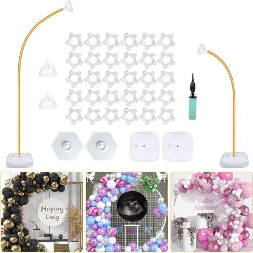 Gold Balloon Arch Stand Kit, 9.3ft & 6ft Free Bending Soft Balloon Flower Backdrop Stands Set with Water Base for Birthday Party Decorations Baby Shower Wedding Graduation Balloons Decor