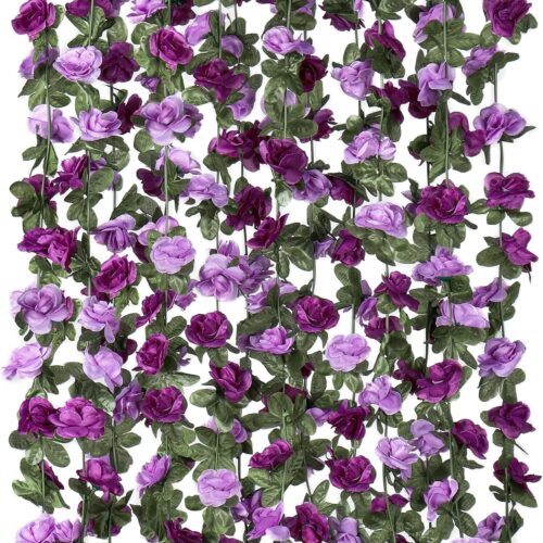 9 Pack 72 FT Artificial Flower Garland, Fake Purple Roses Vines Silk Flowers Faux Plastic Outdoor Hanging Floral Ivy Garland Decoration for Wedding Arch Bedroom Home Wall Backdrop Room Decor