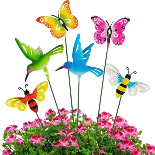 6 Pack Metal Yard Stakes Spring Decor, Outdoor Metal Colorful Butterfly Hummingbird & Bee Shaking Head Yard Art, Rust Proof Metal Plant Sticks for Yard Lawn Pathway Patio Ornaments