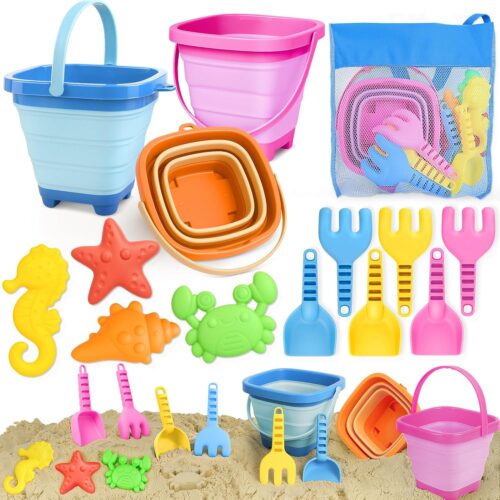 Beach Toys for Kids 3-10, Collapsible Sand Castle Toys for Beach Include 3 Pack Foldable Buckets, Shovels Molds and Storage Mesh Bag, Sandbox Travel Toy for Toddlers Kids