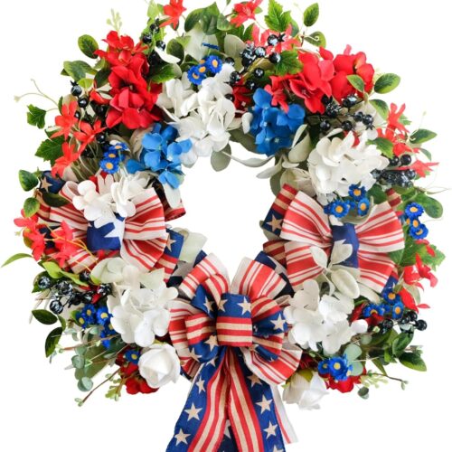 22 Inch Patriotic Spring Wreaths for Front Door 4th of July Wreaths with Red White Blue Hydrangea Flag Bowknot Wreath for Memorial Day Independence Day Home Decor