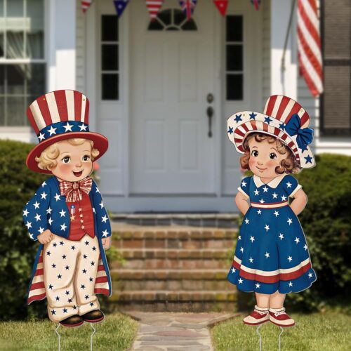 4th of July Decorations Outdoor, 31in Patriotic Decor Memorial Day Yard Sign with Metal Stakes, Front Door Decor Hanging Sign for Porch Walls Door Hanger Garden Patio Lawn Party Supplies Prop