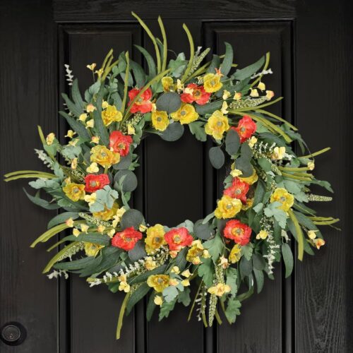 26 Inches Large Summer Spring Wreaths for Front Door Decor, Eucalyptus Olive Leaf Silk Poppy Paper Flower Wildflower Wreath, Floral Easter Wreath Indoor Outdoor Wreaths Farmhouse Porch Home Decor