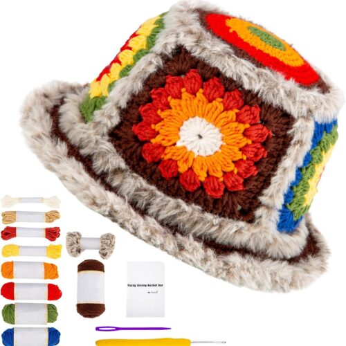 Crochet Kit for Beginners or Intermediate Level, Fuzzy Granny Square Bucket Hat, Step by Step Video Tutorial, Detailed Instruction Complete Kit Craft Supplies Holiday Gift