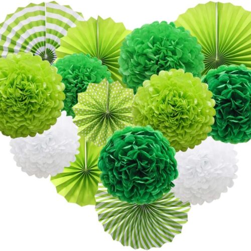 Green Hanging Paper Party Decorations, Round Paper Fans Pom Poms Flowers Set for Birthday Wedding Graduation Baby Shower Events Accessories