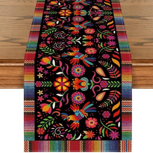Bird Dia De Los Muertos Serape Mexican Fiesta Table Runner, Cinco De Mayo Day of The Dead Kitchen Dining Table Decoration for Home Party Decor 13x72 Inch