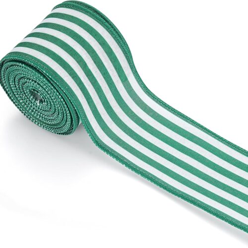 Green White Stripe Wired Ribbon Decorations for Christmas Tree, Green Ribbons for Gift Wrapping DIY Crafts Christmas Tree Farmhouse Home Garland Wreath Party Decor, 2.5" x 10 Yard x 1 Roll